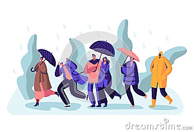 Happy Drenched Passerby People Wearing Boots and Cloaks with Umbrellas Walking Against Wind and Rain , Cold Water Pour From Sky Vector Illustration