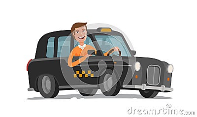 Happy driver is driving taxi. Passenger transportation, car, vehicle concept. Cartoon vector illustration Vector Illustration