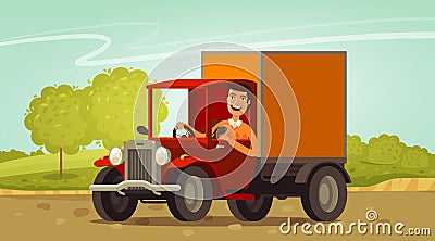 Happy driver rides in retro truck. Delivery, farming concept. Cartoon vector illustration Vector Illustration