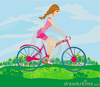 Happy Driving Bike with Cute Girl Vector Illustration