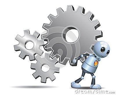 Happy droid little robot carry gears on isolated white Vector Illustration