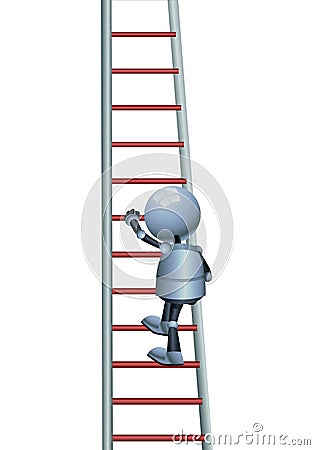 happy droid little robot climbing stair on isolated white Vector Illustration