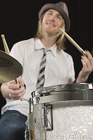 Happy Drummer Playing Drums Stock Photo