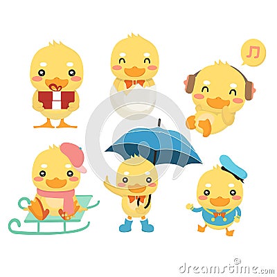 Happy duck cartoon collection set. Vector Illustration