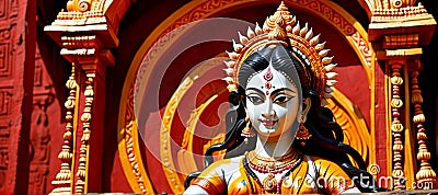 Happy Durga Pooja. A Traditional Lord Durga Idol Background. AI Generated. Stock Photo