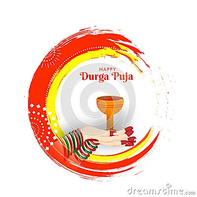 Happy Durga Puja celebration greeting card design with female hand holding dhunuchi dhoop and brush stroke. Stock Photo