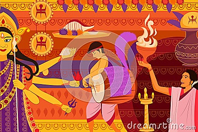 Happy Durga Puja festival background kitsch art India Vector Illustration
