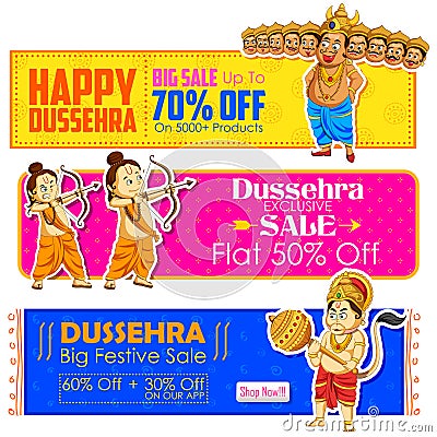 Happy Dussehra banner with Rama, Laxmana, Hanuman and Ravana Vector Illustration