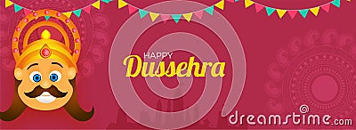 Happy Dussehra Celebration Banner Or Header Design With Demon King Ravana Face And Bunting Flags On Pink Silhouette Ayodhya View Stock Photo