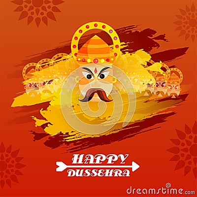 Happy Dussehra Celebration Concept With Demon King Ravana Face And Yellow Brush Stroke On Orange Stock Photo