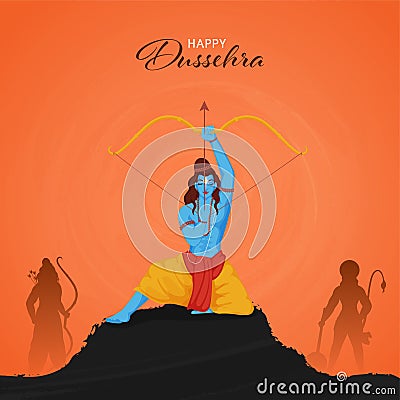 Happy Dussehra Celebration Poster Design With Hindu Mythology Lord Rama Taking An Aim, Silhouette Lakshmana, Hanuman On Black And Stock Photo