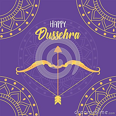 Happy dussehra festival of india gold mandalas bow arrow purple background Vector Illustration