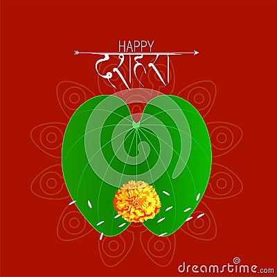 Happy Dussehra greeting card , green leaf Bauhinia racemosa and rice,Indian festival dussehra Vector Illustration