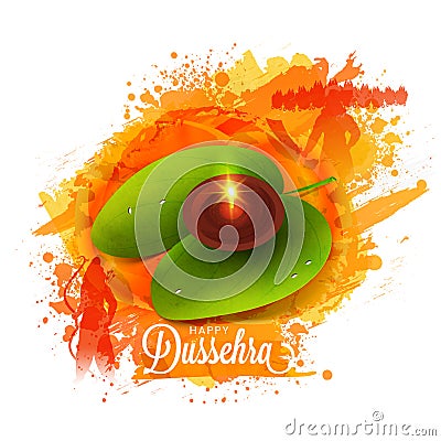 Happy Dussehra Lettering With Burning Oil Lamp Diya Over Betel Leaf And Orange Brush Splash On White Stock Photo