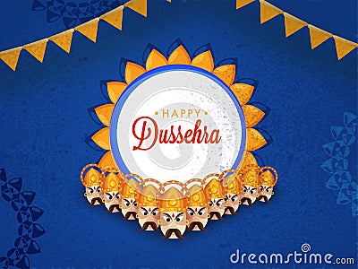 Happy Dussehra Lettering Over Floral Frame With Ten Head Of Demon King Ravana And Bunting Flags On Blue Mandala Pattern Stock Photo