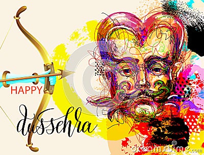 Happy dussehra poster design with a portrait of a demon Vector Illustration