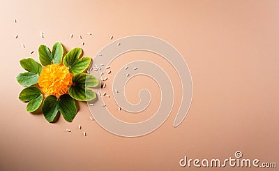 Happy Dussehra. Yellow flowers, green leaf and rice on orange pastel background. Dussehra Indian Festival concept Stock Photo