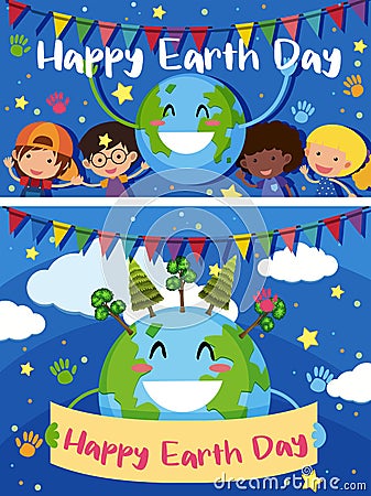 Happy Earth Day card with happy kids on earth Vector Illustration