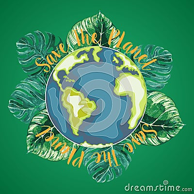 Happy Earth Day. Cartoon world with watercolor flora objects. illustration. EPS 10 Cartoon Illustration