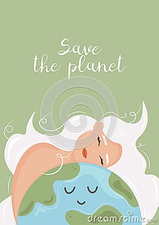 Happy Earth Day. Cute smiling girl hugging planet. Concept of environmental protection and nature care. Design for greeting card Vector Illustration