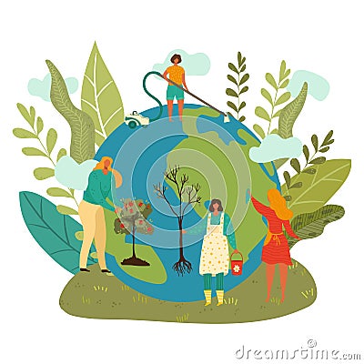 Happy earth day, green planet enviroment, people planting trees, cleaning globe ecology flat isolated vector Vector Illustration