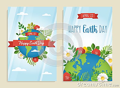 Happy Earth day greeting card set of green planet Vector Illustration