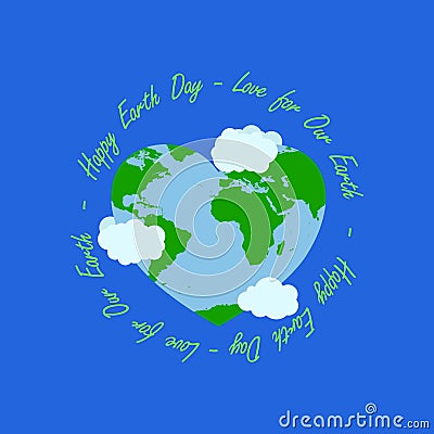 Happy earth day illustration have circle typography at the middle typography have heart earth and cloud surrounding. happy earth Vector Illustration