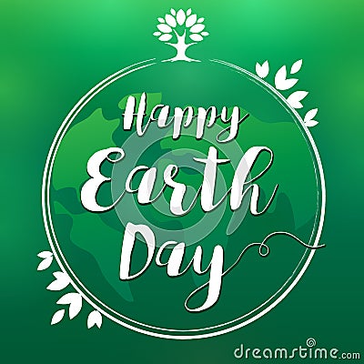 Happy Earth Day lettering globe and leaf banner Vector Illustration