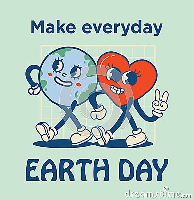 Happy Earth Day retro card with slogan. Vintage nostalgia cartoon planet mascot character with smiling face. Globe with Vector Illustration