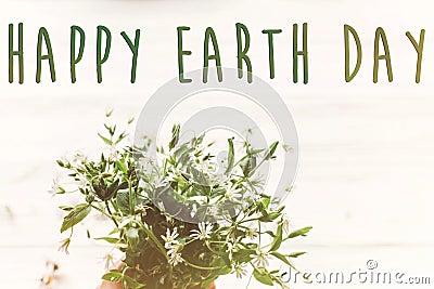 Happy earth day text sign on beautiful daisy flowers on rustic w Stock Photo