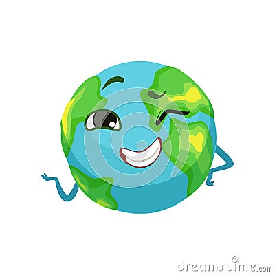 Happy Earth planet character winking, cute globe with smiley face and hands vector Illustration Vector Illustration