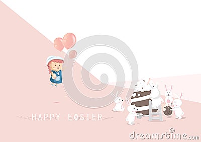 Happy Easter, adorable girl, bunny friends, cartoon characters party celebration, kid greeting card vector illustration Vector Illustration