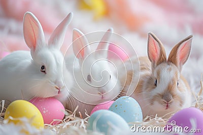 Happy easter amiable Eggs Candy Basket. White vivacious Bunny colorful. Cobalt blue background wallpaper Cartoon Illustration