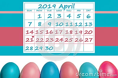 Happy Easter April 2019 Calendar colorful with easter eggs Stock Photo