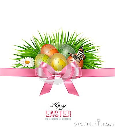 Happy Easter background. Colorful Easter eggs and green grass Vector Illustration