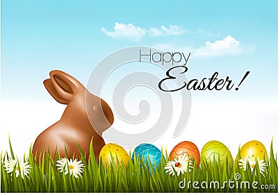 Happy Easter background. Easter eggs and a chocolate bunny. Vector Illustration