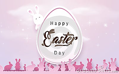 Happy Easter background. Easter egg with rabbits in pink tone color Vector Illustration