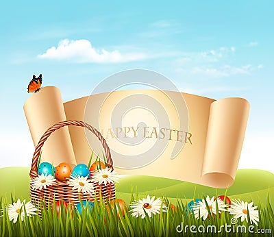 Happy Easter background. Eggs in a basket Vector Illustration