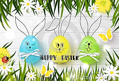 Happy Easter background with funny colorful eggs, grass, flowers, ladybug and butterfly on wooden texture. Egg hunt. Vector illust Cartoon Illustration