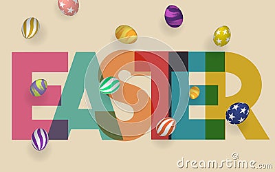 Happy Easter background with realistic decorated eggs and colorful multiply text . Greeting card trendy design. Invitation templat Cartoon Illustration