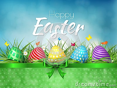 Happy Easter background with realistic Easter eggs. Easter Vector Illustration