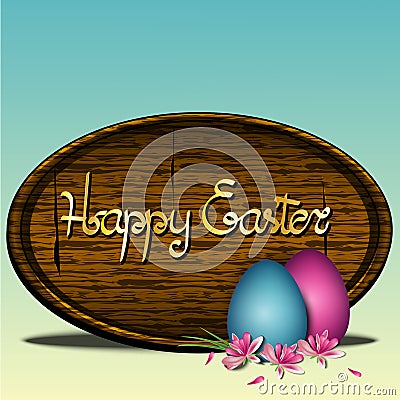 Happy Easter background with realistic wooden round shape sign, colorful eggs, and apple flowers, colorful banner for easter sale Vector Illustration