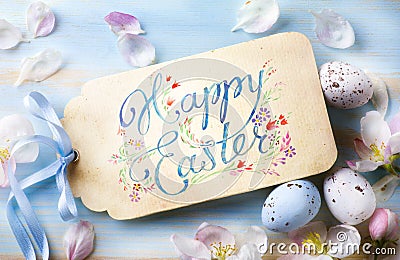 Happy Easter Background; Spring flowers and easter eggs Stock Photo