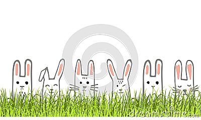 Happy Easter banner with bunny faces and grass. Rabbits border or greeting card. Vector Stock Photo