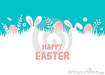 Happy Easter banner with bunny, flowers and eggs. Egg hunt poster. Spring background in modern style Vector Illustration