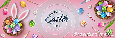 Happy easter banner with decorated eggs in the nest, brushes, tempera tubes and flowers Vector Illustration