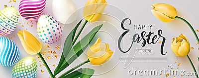 Happy Easter banner.Egg hunt. Beautiful Background with colorful eggs, yellow tulips and Golden serpentine. Vector Vector Illustration