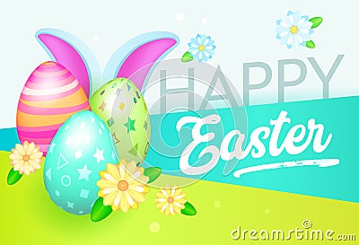 Happy Easter Banner with Eggs and Rabbit. Easter Greeting Card Template with Flowers and Floral Elements Spring Celebration Design Vector Illustration