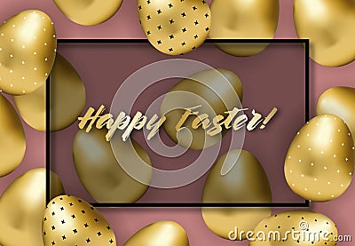 Happy easter banner with golden patterned eggs Vector Illustration