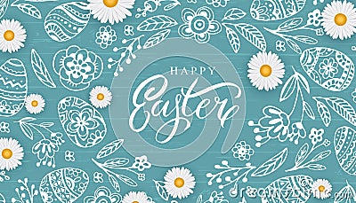 Happy Easter banner with hand drawn flowers, egg on wood background. Stock Photo